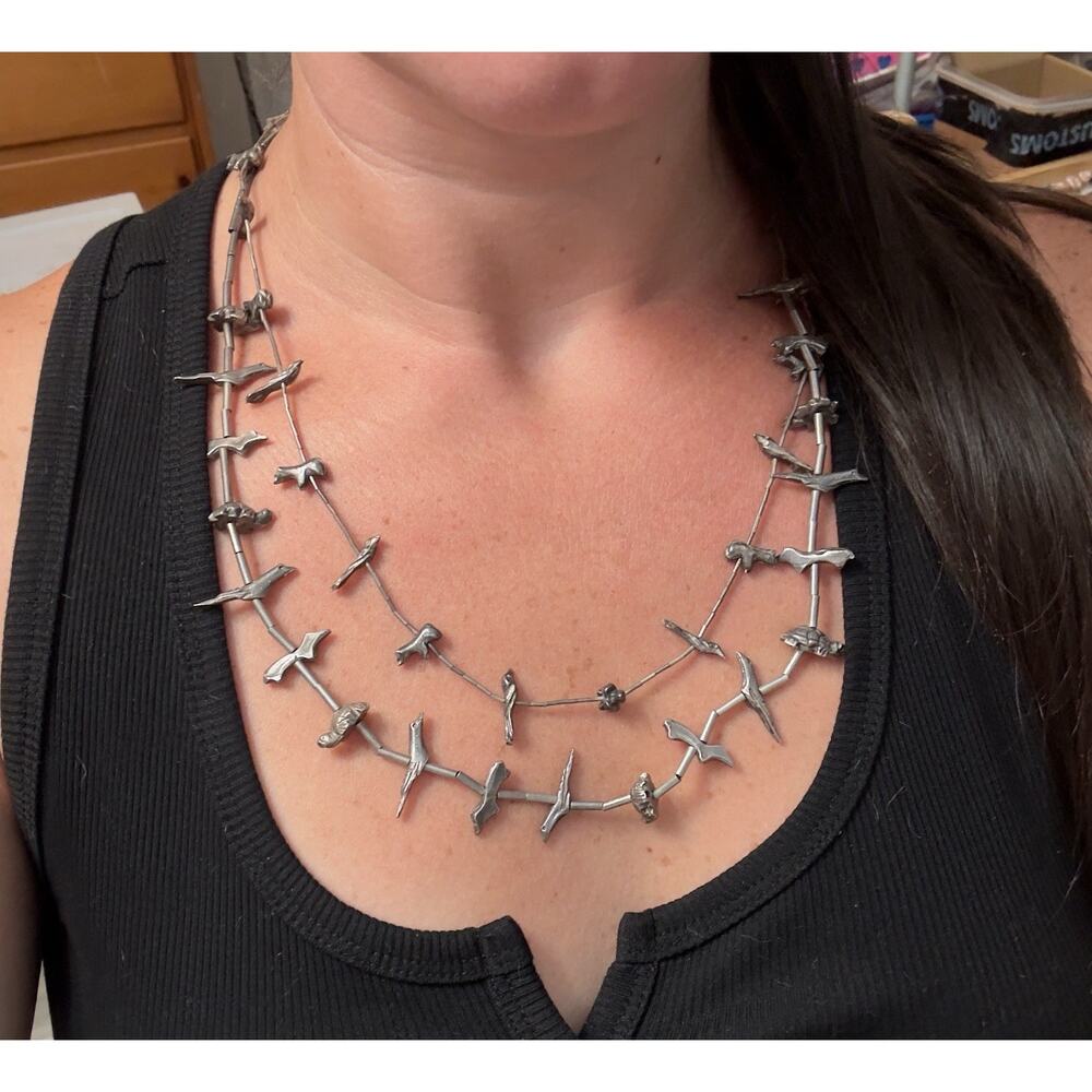 Native American Sterling Silver Story Teller Fetish Necklace 24” 29G Birds Bears